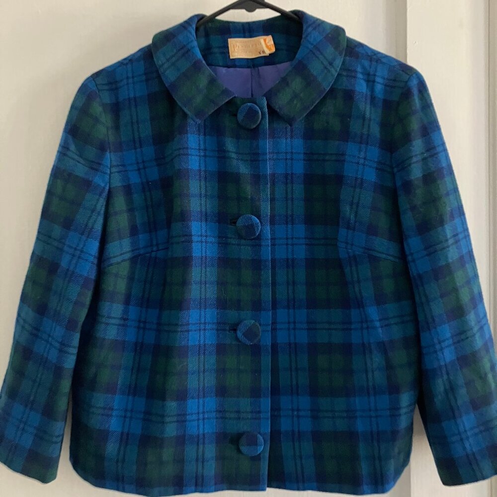 Vintage Pendleton Wool Cropped Coat in Blue & Green Plaid